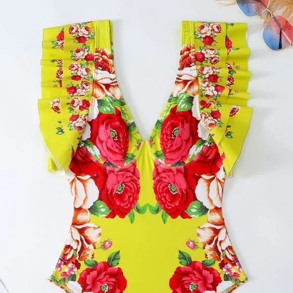 Callie Chartreuse: Red Peony Floral Print Ruffle Cap Sleeve Retro Swimsuit - Picture 12 of 17
